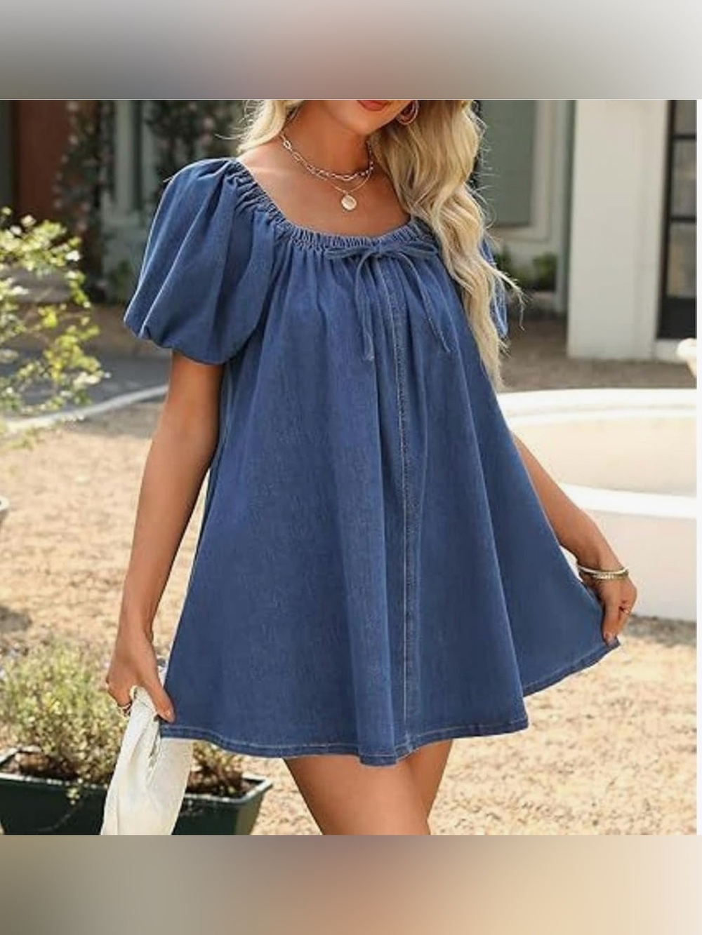 Mini Dress Puff Short Sleeve Square Neck Casual Flowy Swing Pleated Jean Dresses
